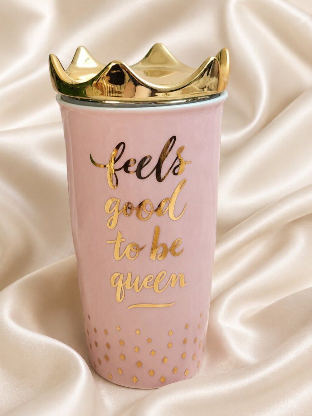 Hallmark Pink Ceramic Tumbler Travel Mug Feels Good To Be Queen Gold Tone Crown